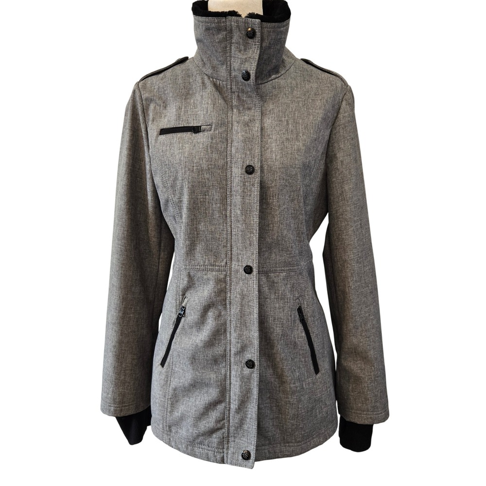 Jessica Simpson Womens M Gray Softshell Zip Snap Jacket with Faux Fur Collar